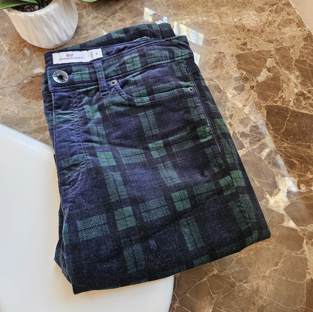 Vineyard Vines Navy and Green Swatch/tartan Plaid Velvet Feel Pants Sz 8